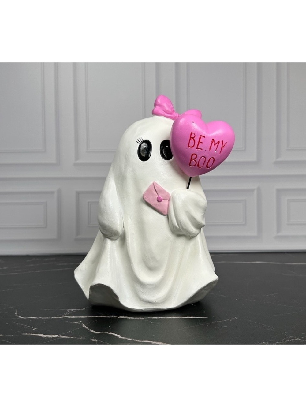 Cute Ghost Figurine Holding Pink Heart Balloon with "Be My Boo" Message